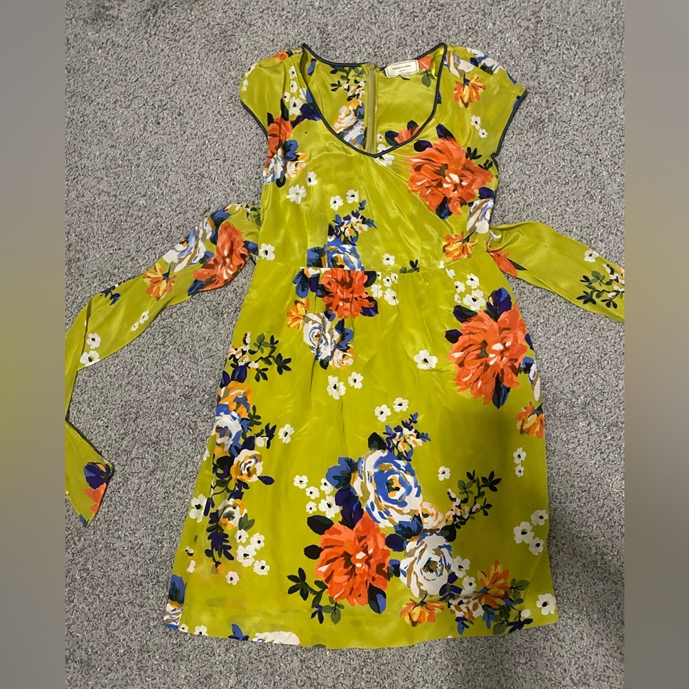 New Anthropologie Moulinette Soeurs Vintage Silk Green Floral Tie Back Dress 4